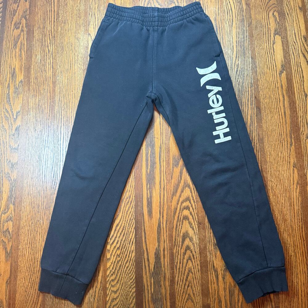 Hurley Boys Medium Black Jogger Sweatpants Elastic Waist Leg Logo Cuff Ankles